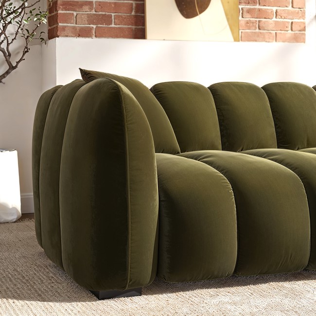 Khaki Green Velvet 3-Seater Sofa - Elod