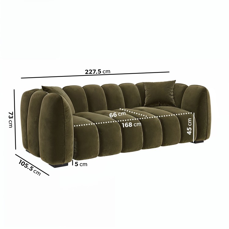 Khaki Green Velvet 3-Seater Sofa - Elod