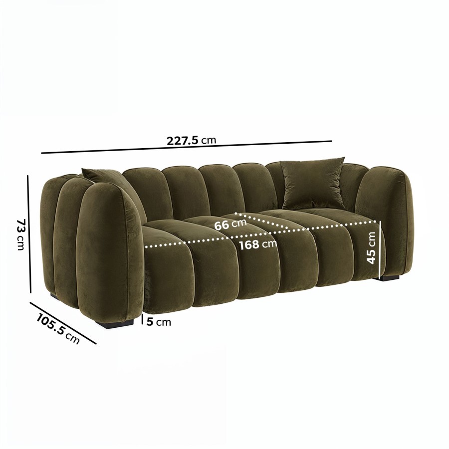 ONLY OPENED - Khaki Green Velvet 3-Seater Sofa - Elod