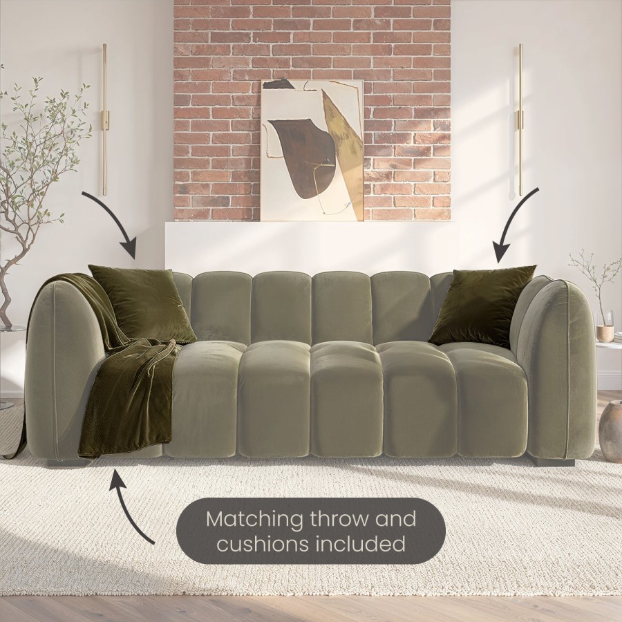 ONLY OPENED - Khaki Green Velvet 3-Seater Sofa - Elod