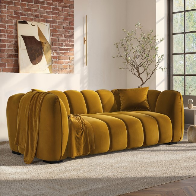 Mustard Velvet 3 Seater Sofa - Elod