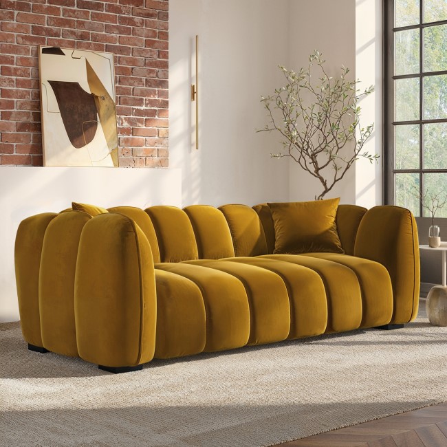 Mustard Velvet 3 Seater Sofa - Elod