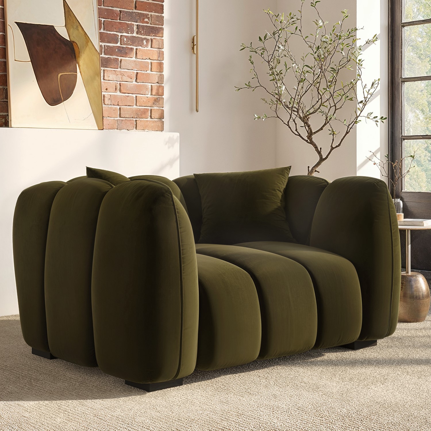 Khaki Green Velvet Love Seat