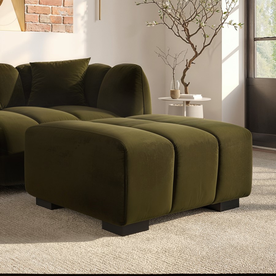 Khaki Green Velvet Footstool - Elod