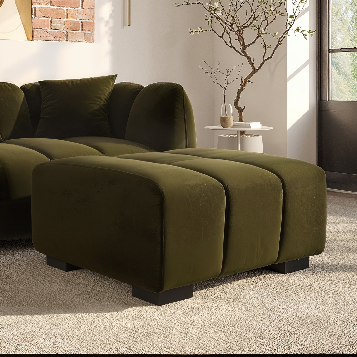 Khaki Green Velvet Footstool