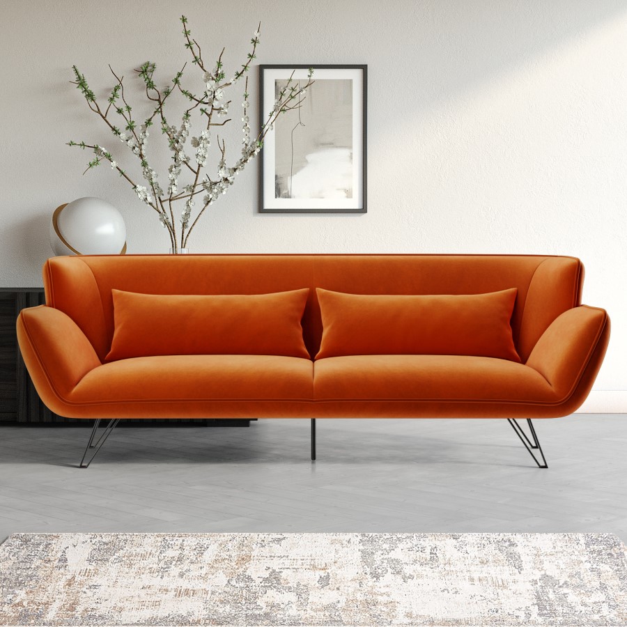 GRADE A2 - Orange Velvet 3 Seater Retro Sofa - Eli