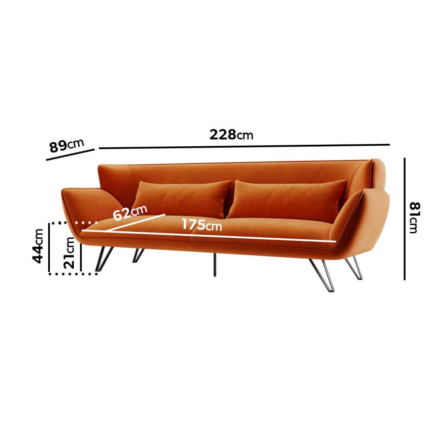GRADE A2 - Orange Velvet 3 Seater Retro Sofa - Eli
