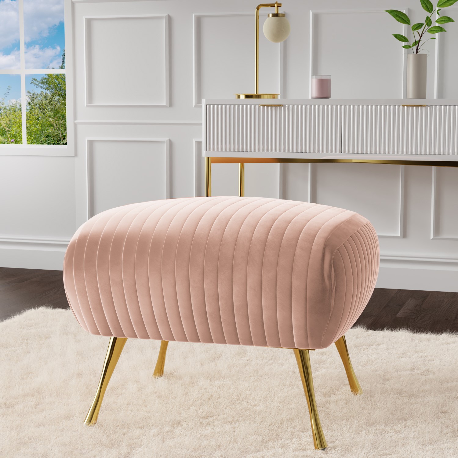 Pink Stools Table Blush Pink Velvet Pouffe Stool with Pleated Detail - Elle - Furniture123