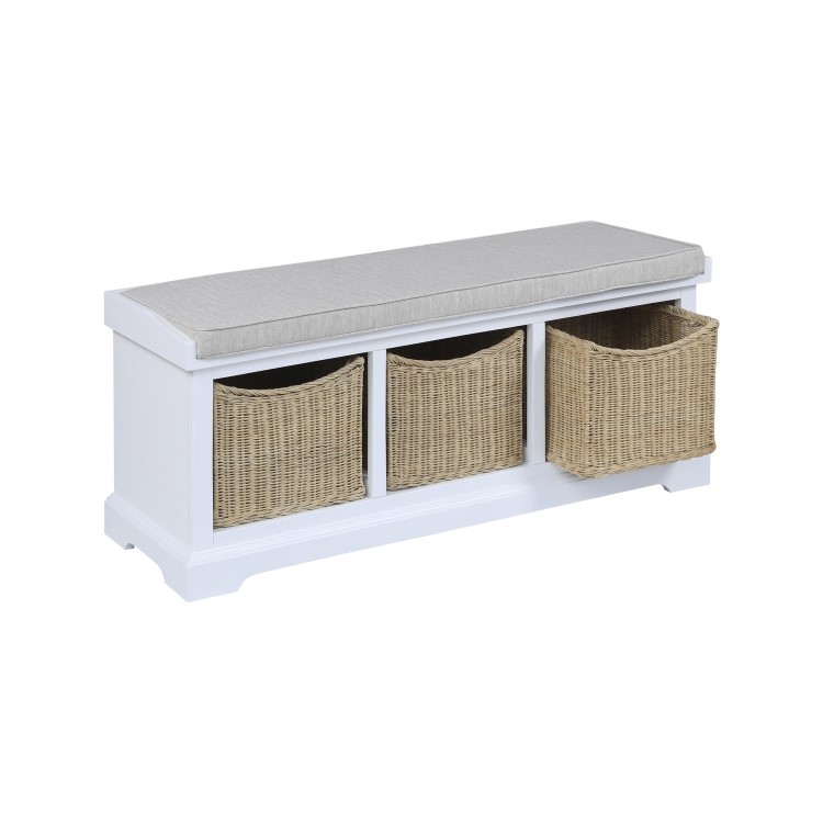 Elms White Solid Wood Blanket Box with Storage Wicker Baskets & Cushion