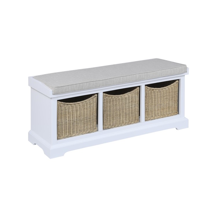 Elms White Solid Wood Blanket Box with Storage Wicker Baskets & Cushion