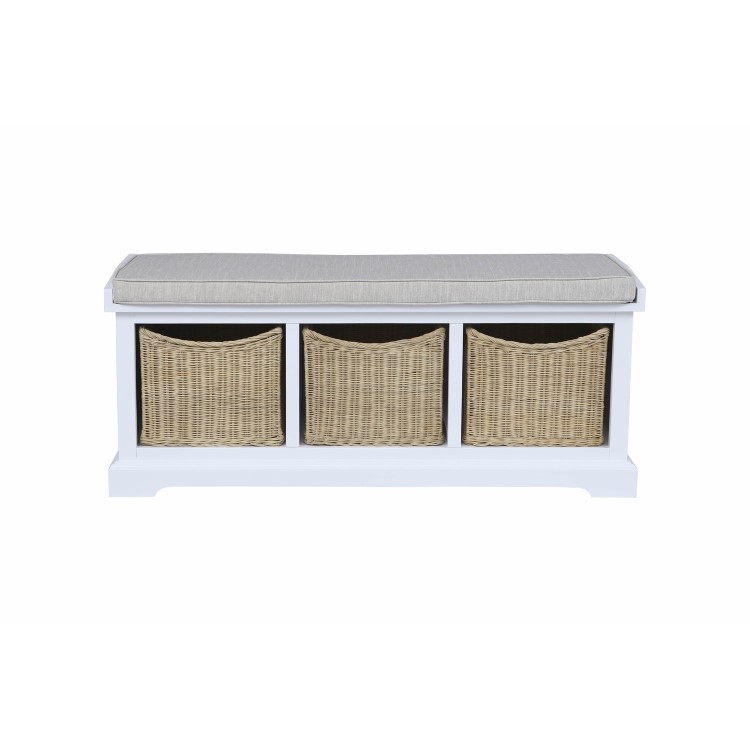 Elms White Solid Wood Blanket Box with Storage Wicker Baskets & Cushion