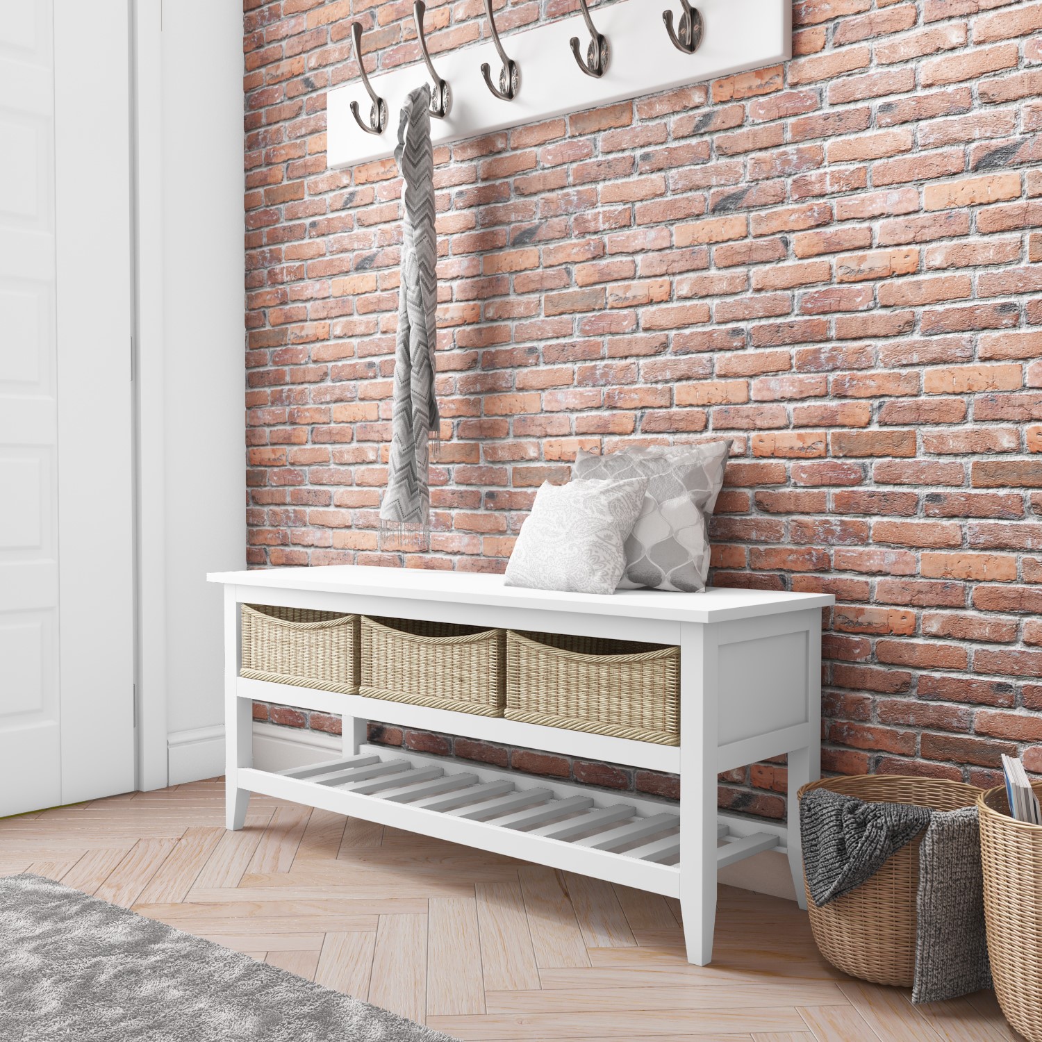 Elms Bench Shoe Rack With Seat Wicker Baskets In White