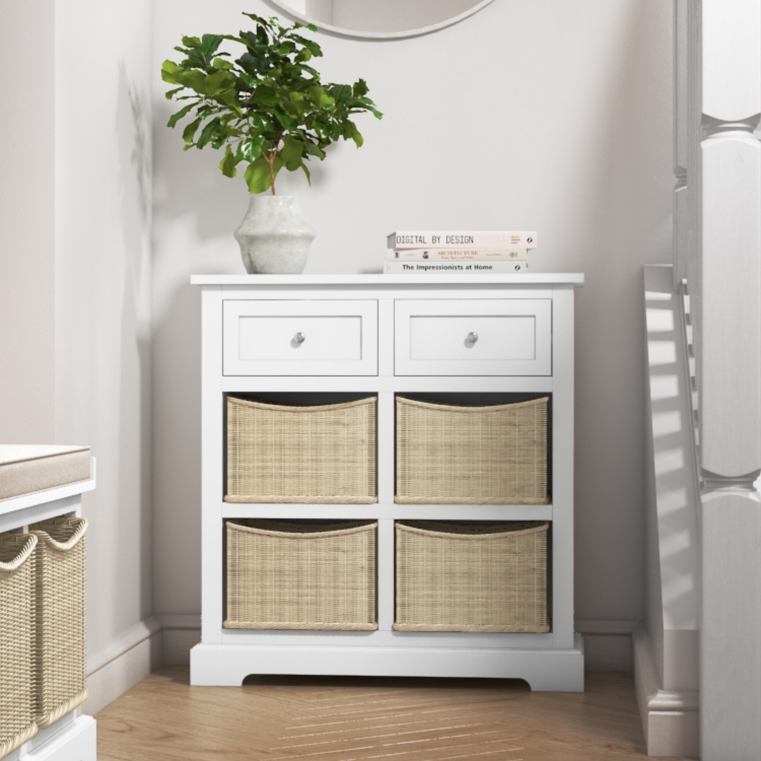 Elms Farmhouse White Shoe Cabinet Storage Sideboard With Wicker