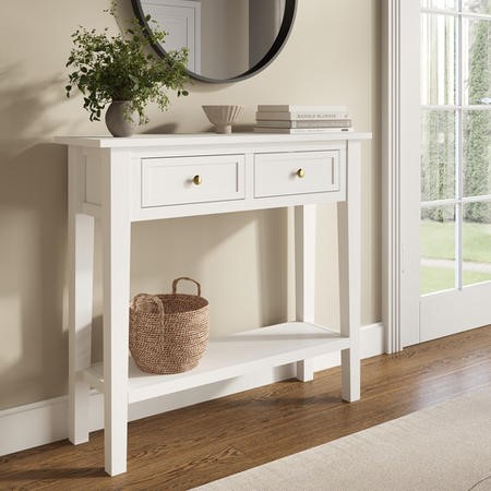 FammyLoft Narrow Entryway Console Table – Two Drawers, Bottom Shelf, Distressed Ivory White Finish - View #5