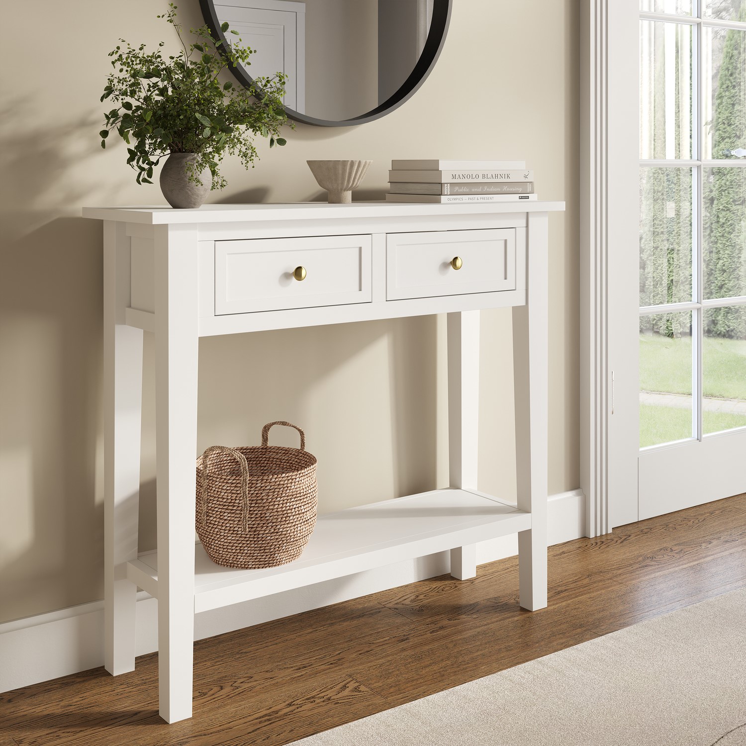 Small Narrow White Wood Console Table with Drawers - Elms - Furniture123