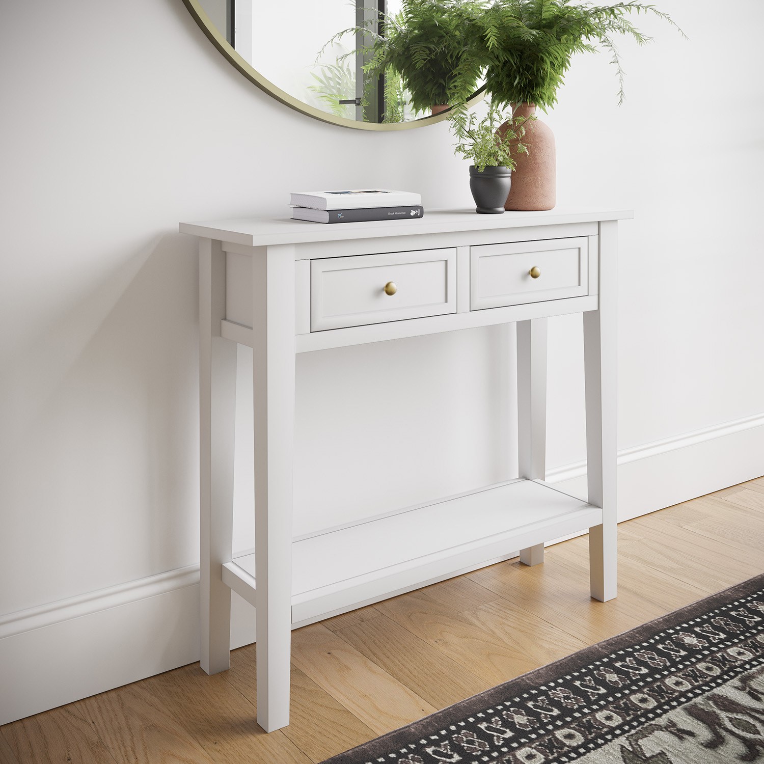 Photo of Small narrow white wood console table with drawers - elms