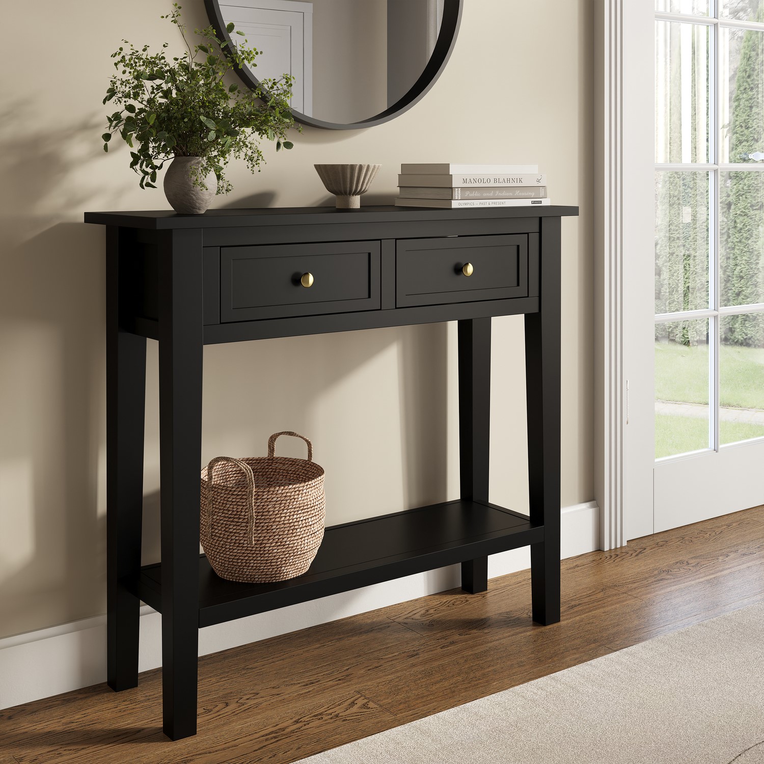 Elms Black Small Narrow Wood Console Table With Drawers
