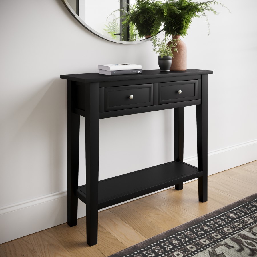 GRADE A3 - Small Narrow Black Wood Console Table with Drawers - Elms