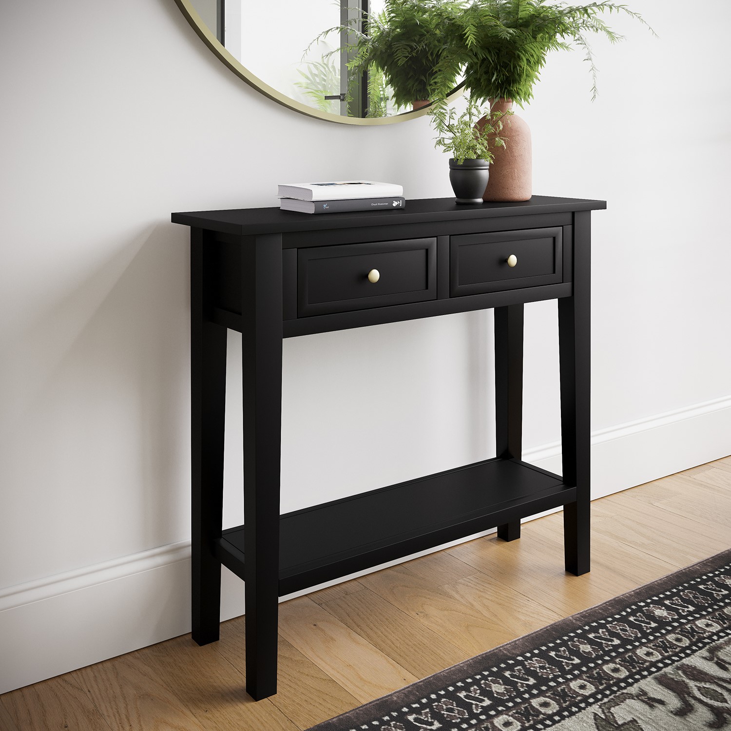 Photo of Small narrow black wood console table with drawers - elms