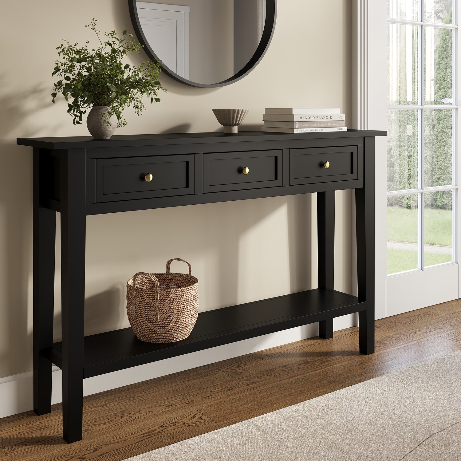 Large Narrow Console Table in Black Wood with Drawers - Elms - Furniture123