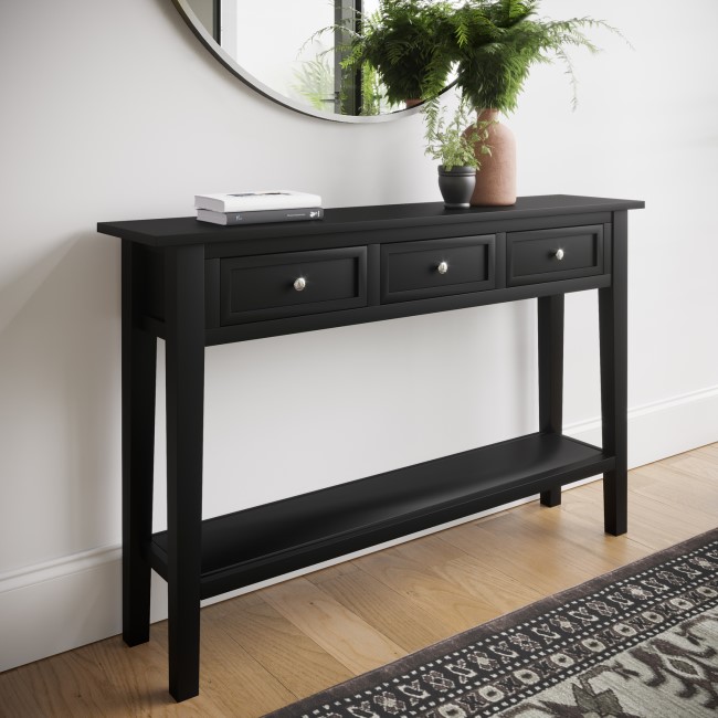 Large Narrow Console Table in Black Wood with Drawers - Elms