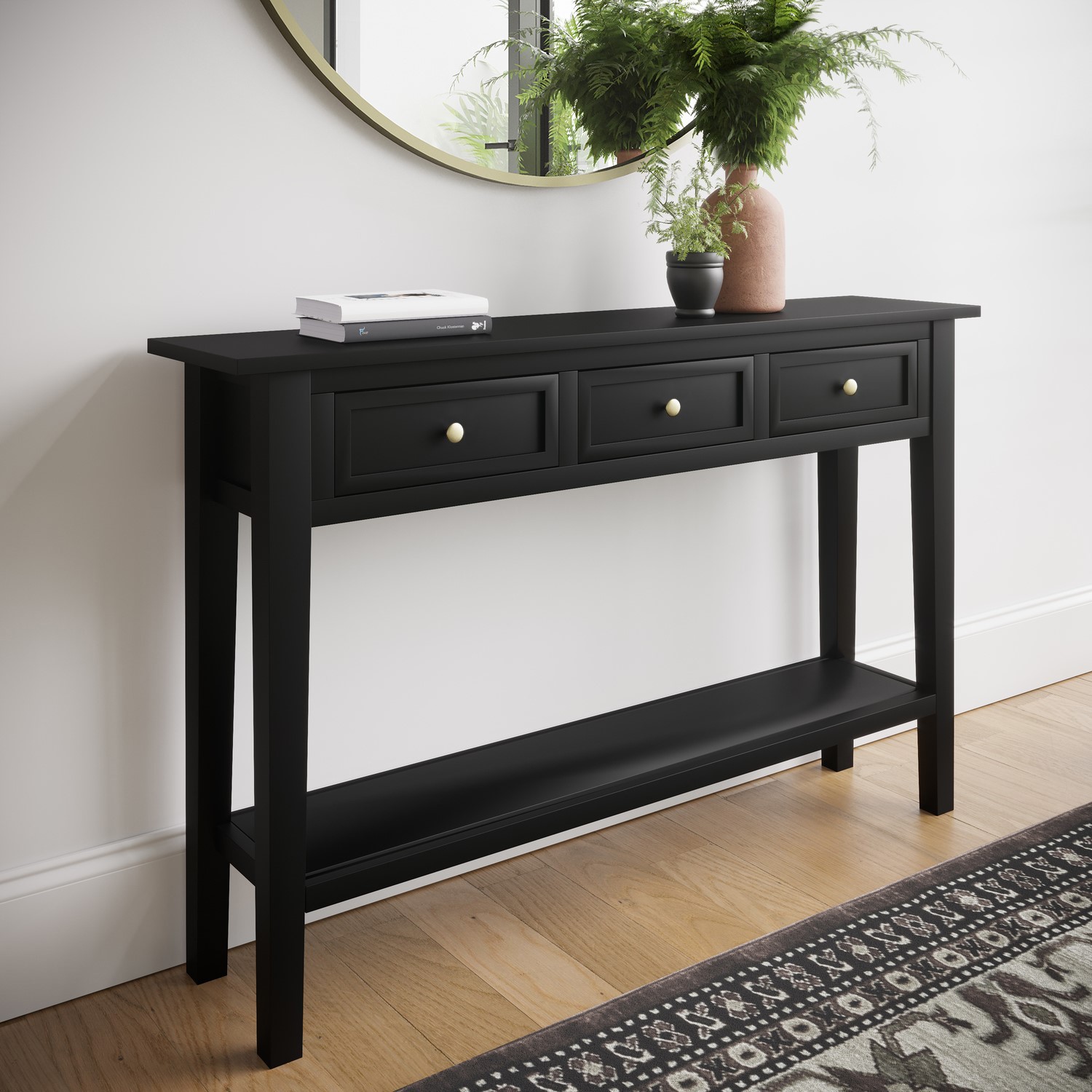 Photo of Large narrow black wood console table with drawers - elms