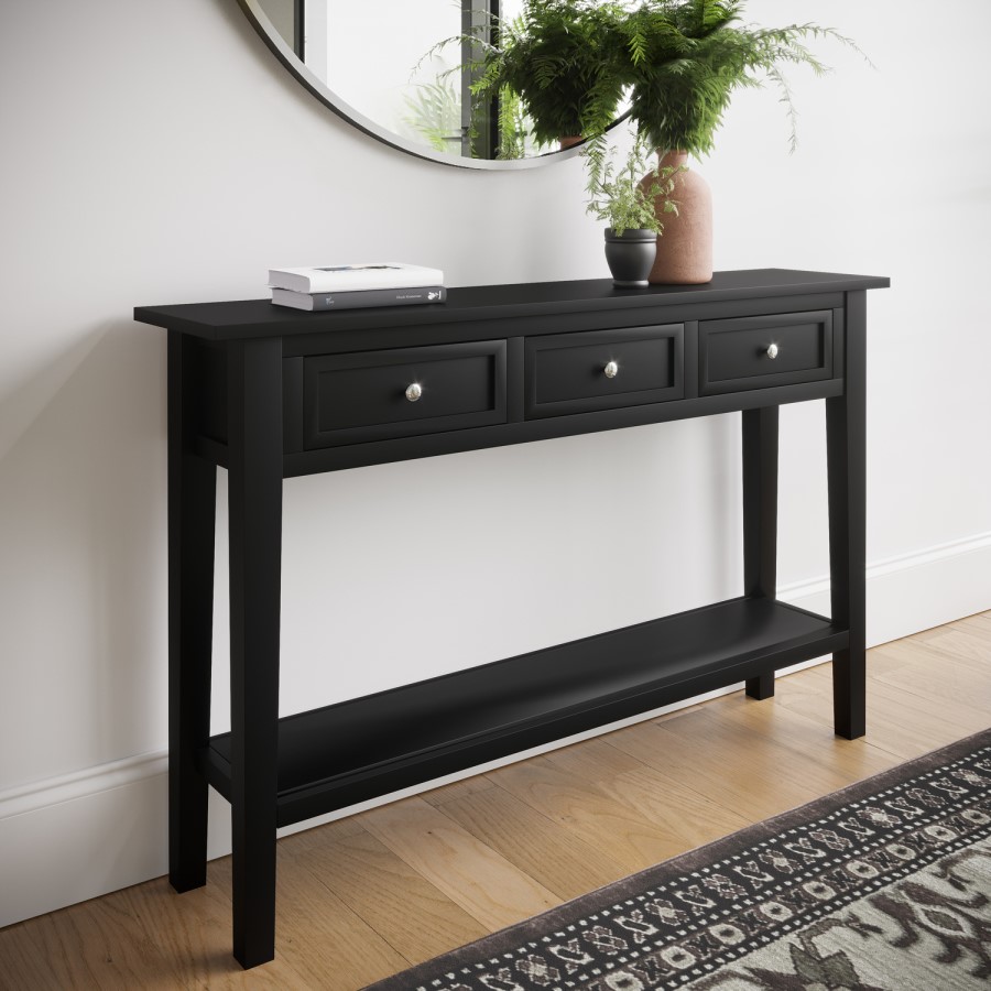 GRADE A2 - Large Narrow Black Wood Console Table with Drawers - Elms