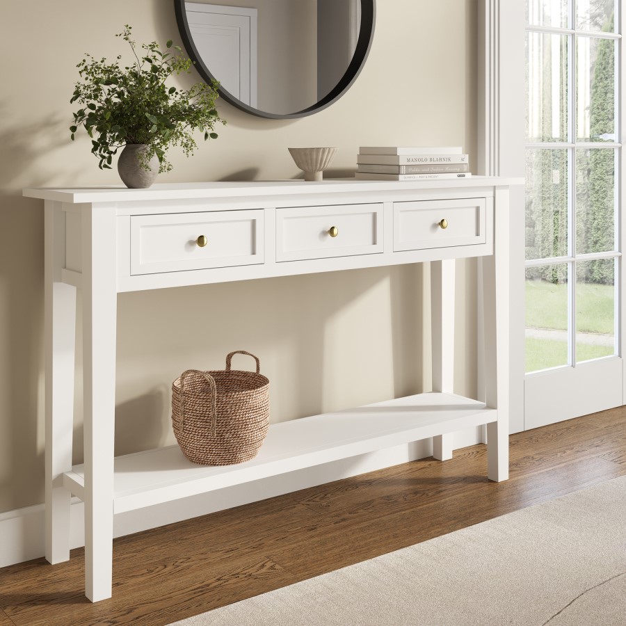 Large Narrow Console Table in White Wood with Drawers - Elms