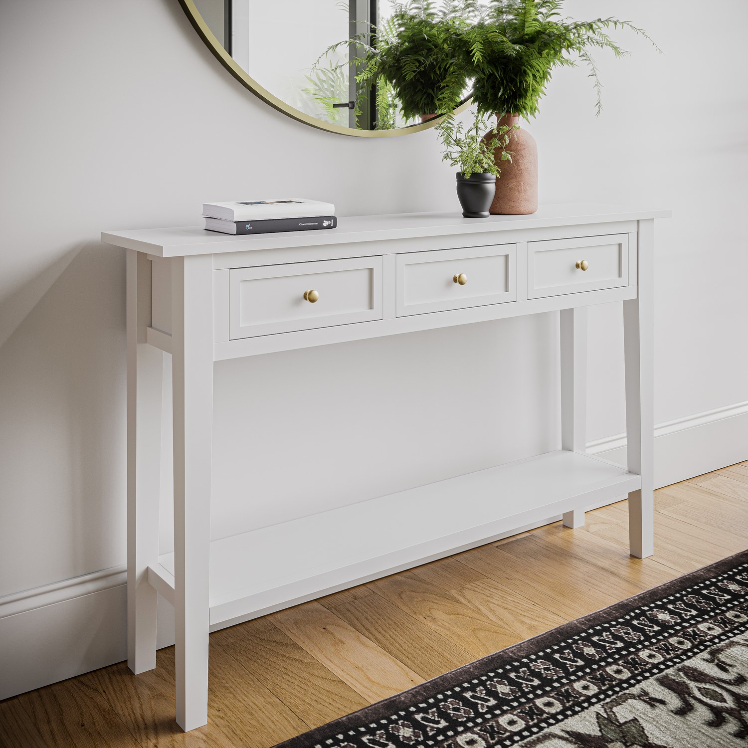 Photo of Large narrow white wood console table with drawers - elms