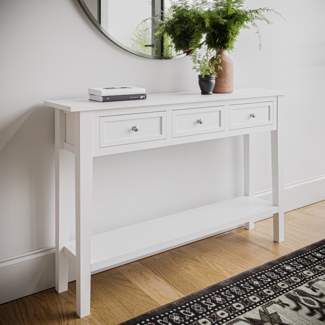 Large Narrow Console Table in White Wood with Drawers - Elms