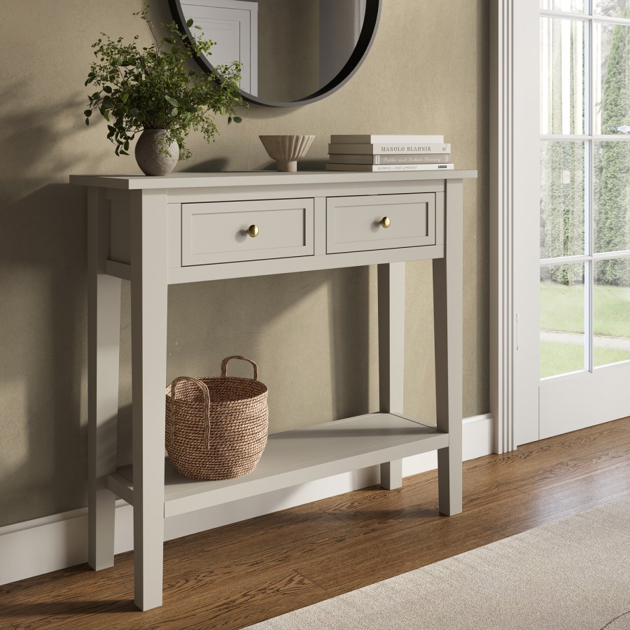 Small Narrow Taupe Wood Console Table with Drawers - Elms
