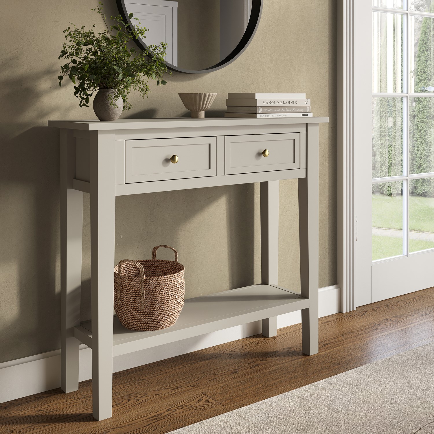 Small Narrow Taupe Wood Console Table with Drawers - Elms - Furniture123