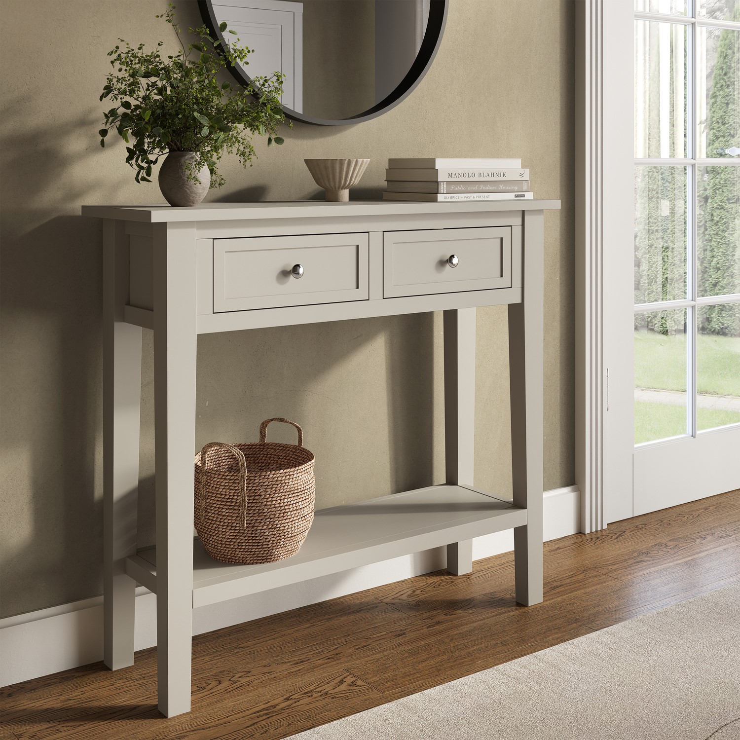 Small Narrow Taupe Wood Console Table with Drawers - Elms - Furniture123