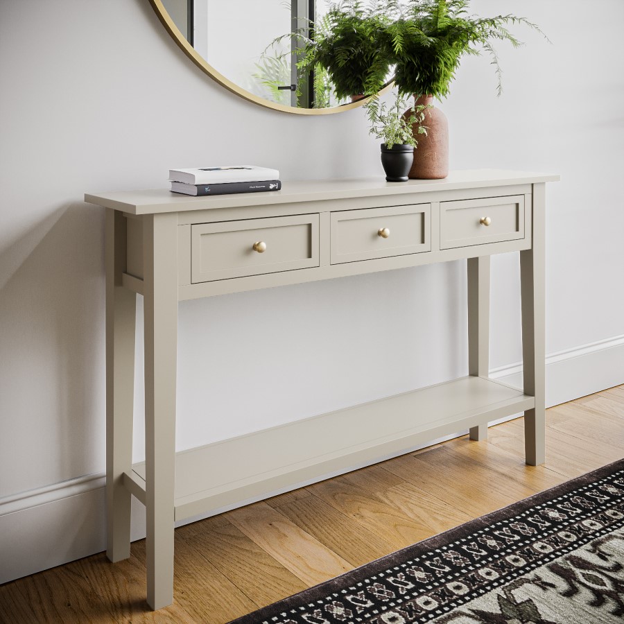 ONLY OPENED - Large Narrow Taupe Wood Console Table with Drawers - Elms