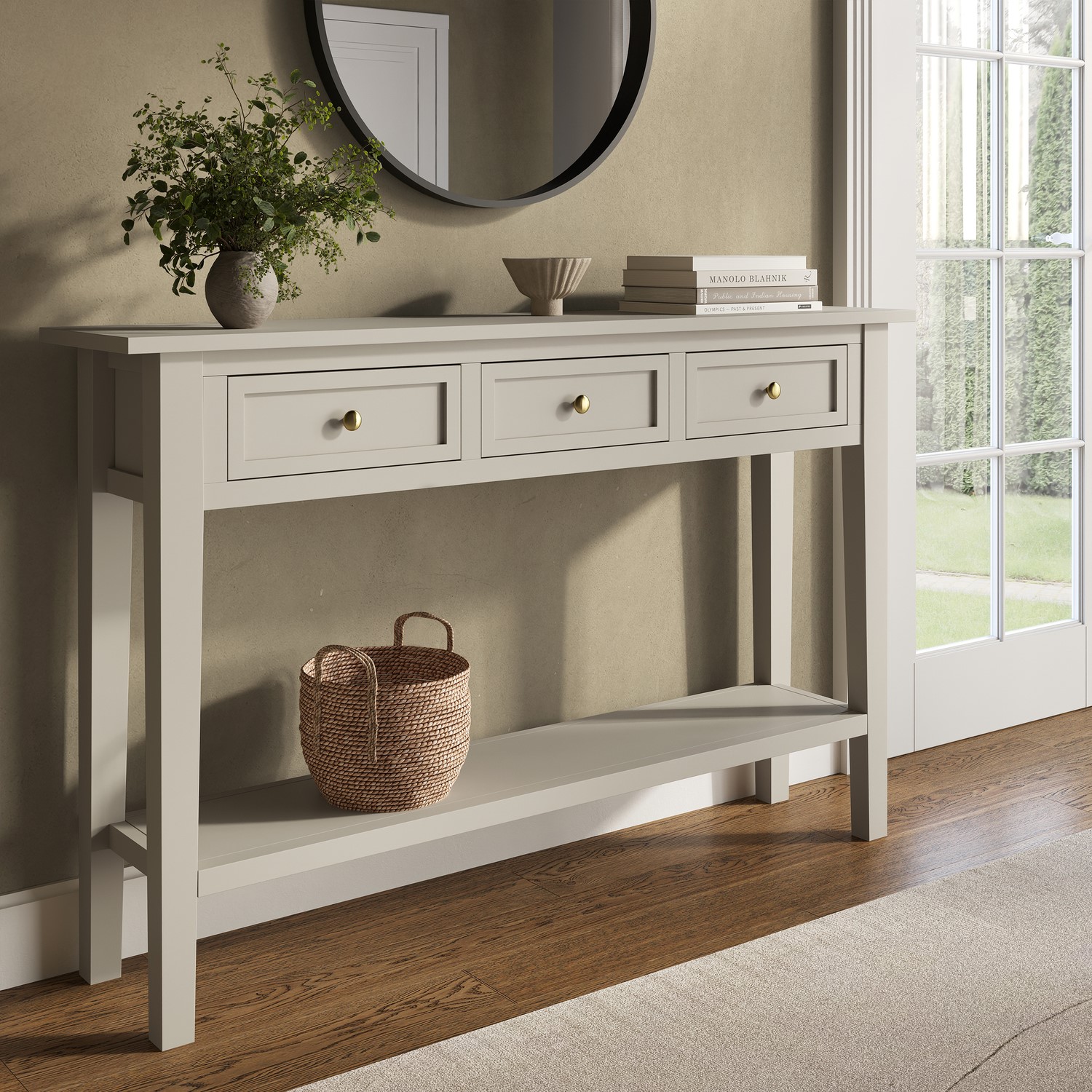 Elms Taupe Large Narrow Wood Console Table With Drawers
