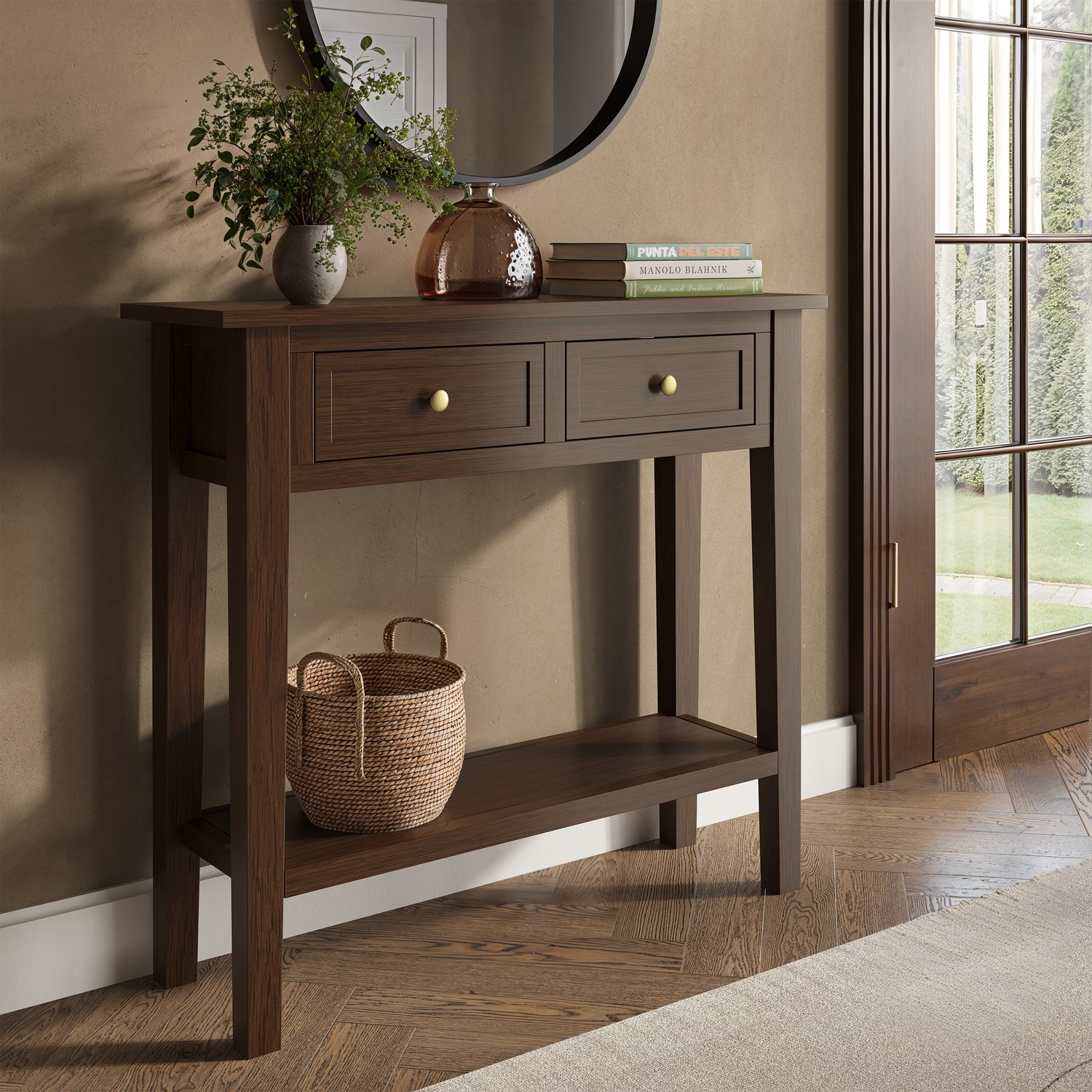 Small Narrow Walnut Console Table Drawers