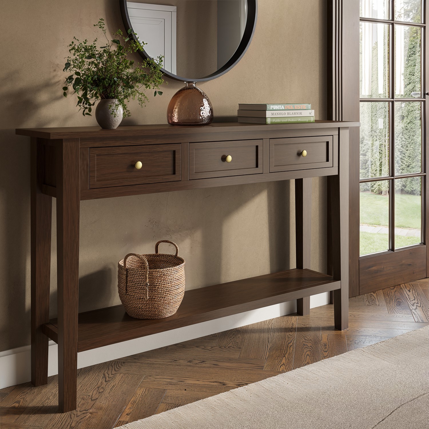 Elms Brown Large Narrow Walnut Console Table With Drawers