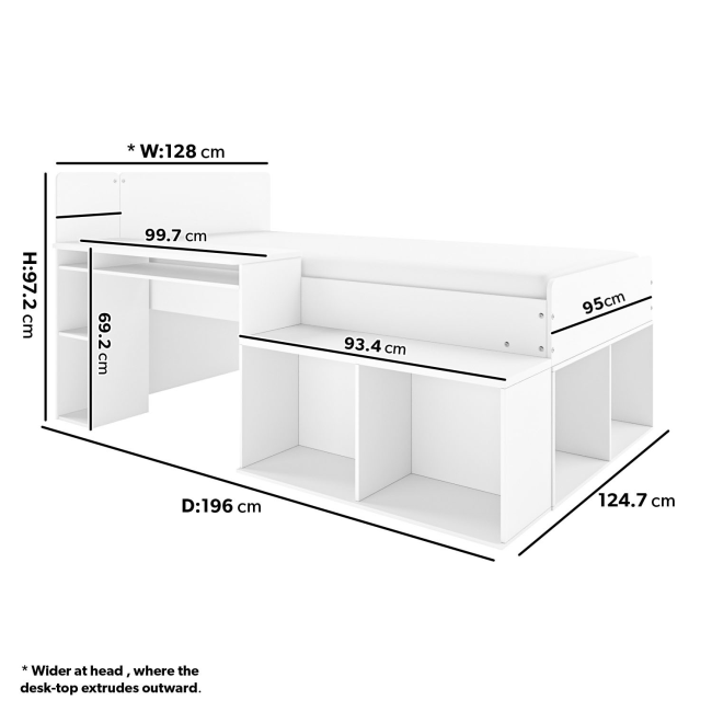 White Cabin Bed with Desk and Storage - Ellison