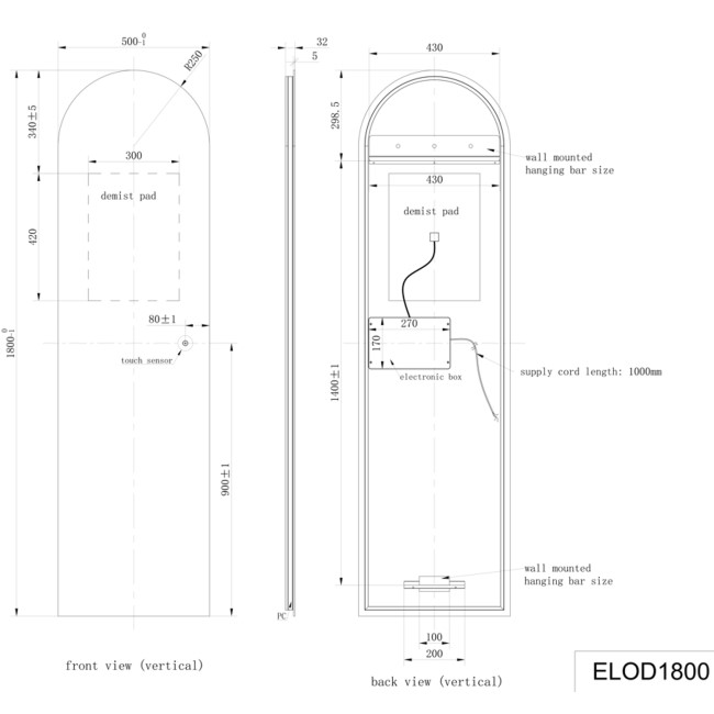 Arched Backlit Heated Bathroom Mirror with Lights 500 x 1800mm - Elod