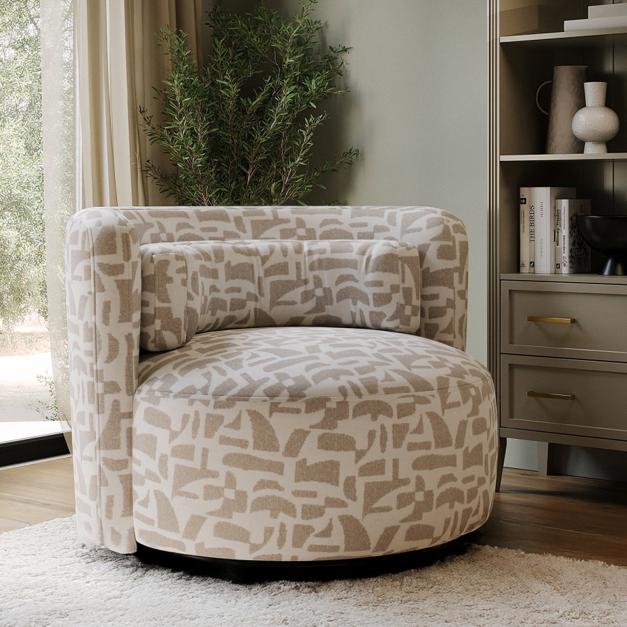 Beige Jacquard Patterned Fabric Swivel Love Seat - Elara