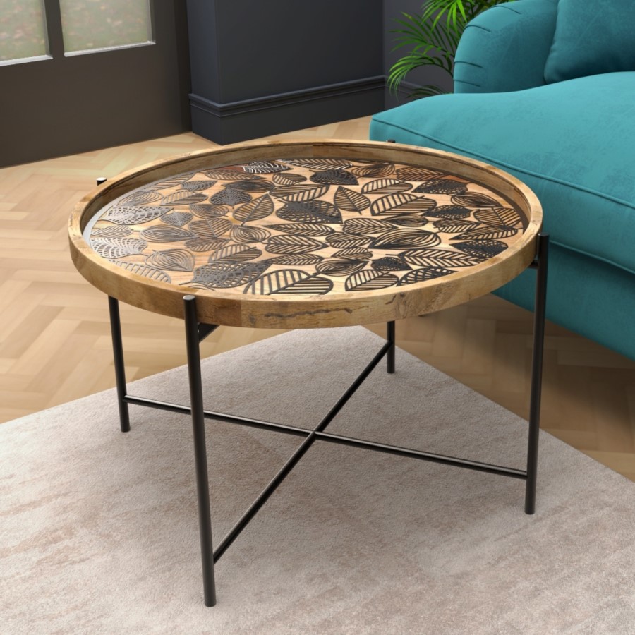 Round Coffee Table - Wood & Black Metal