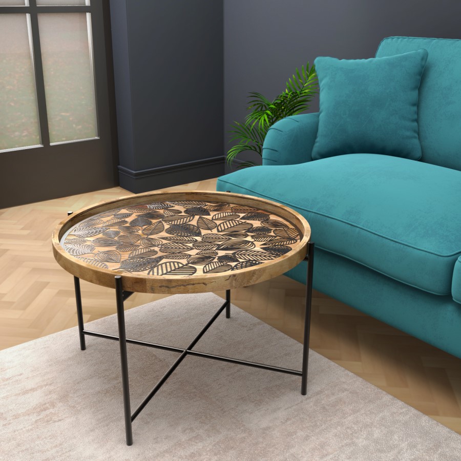 Round Coffee Table - Wood & Black Metal