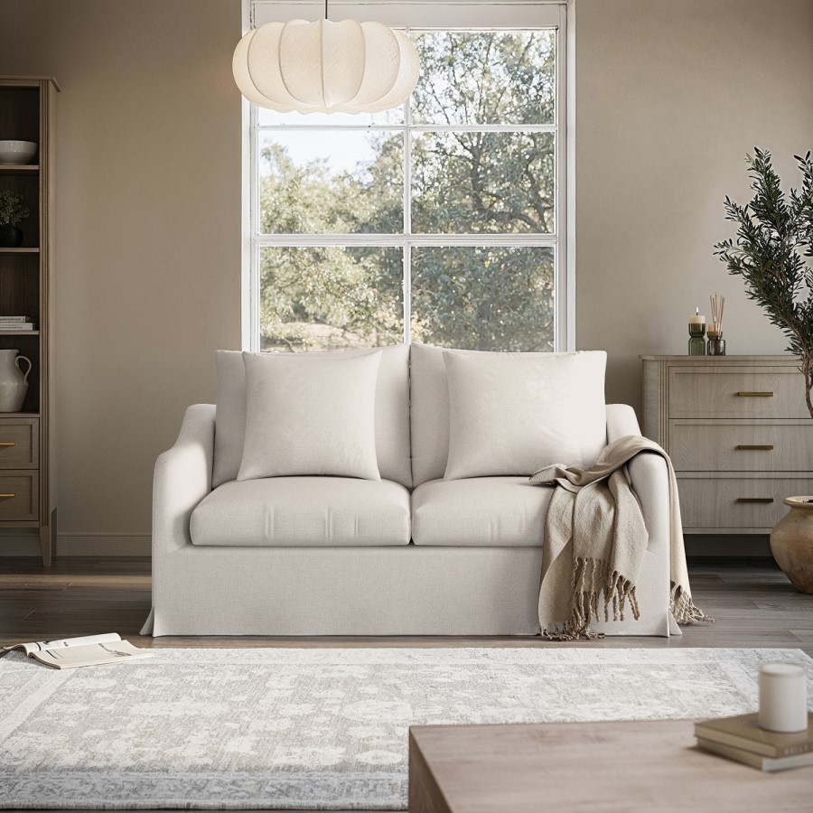 Cream Woven Fabric 2-Seater Slipcover Sofa - Eliza