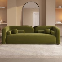 Olive Green Velvet Curved 3 Seater Sofa - Elma