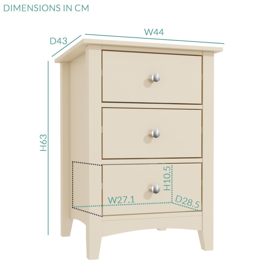 GRADE A1 - Farley 3 Drawer Bedside Table in Cream/Ivory