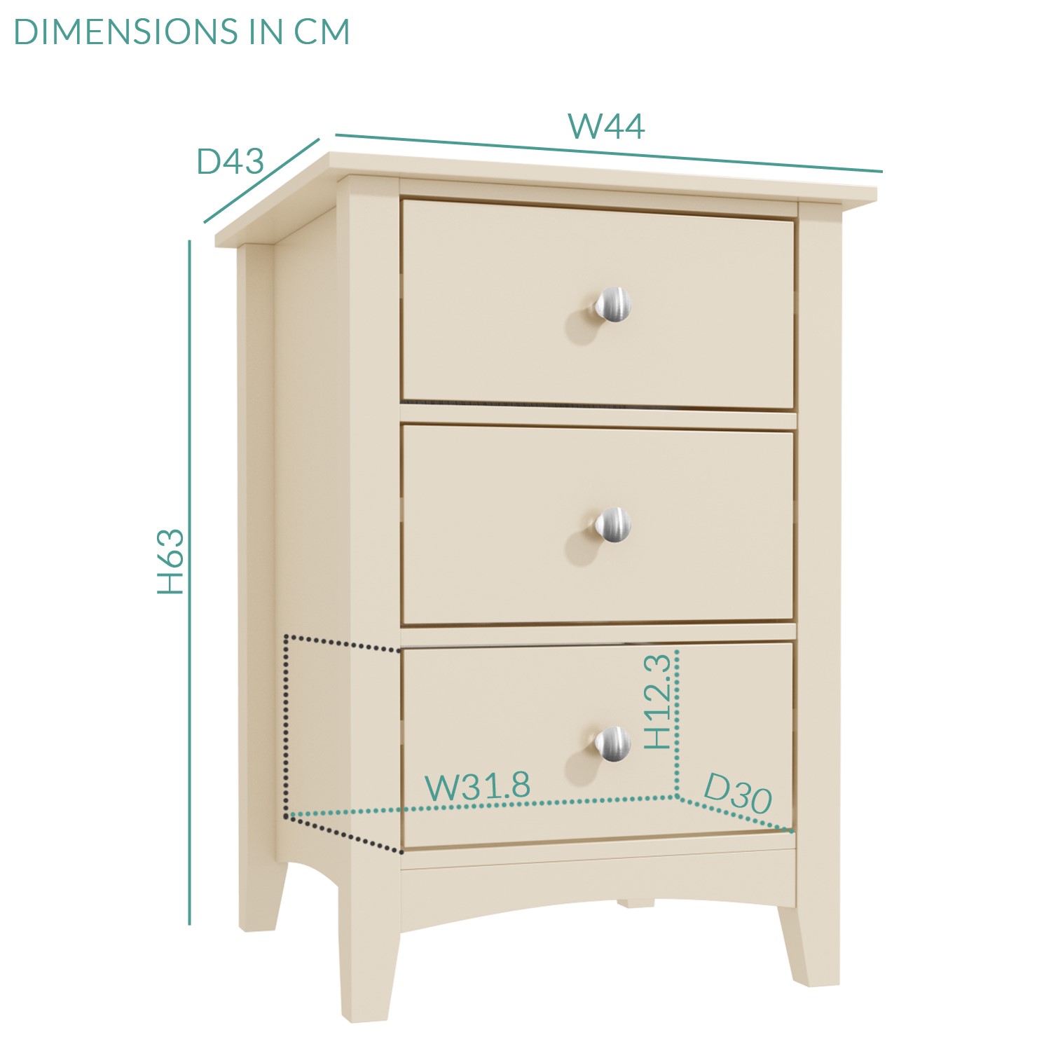 Emery 3 Drawer Bedside Cabinet in Cream/Ivory - Furniture123
