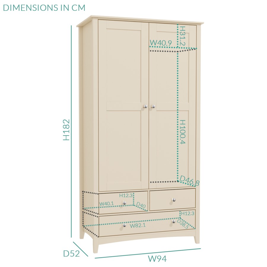 GRADE A2 - Cream Wardrobe with 2 Doors & 3 Drawers - Combi