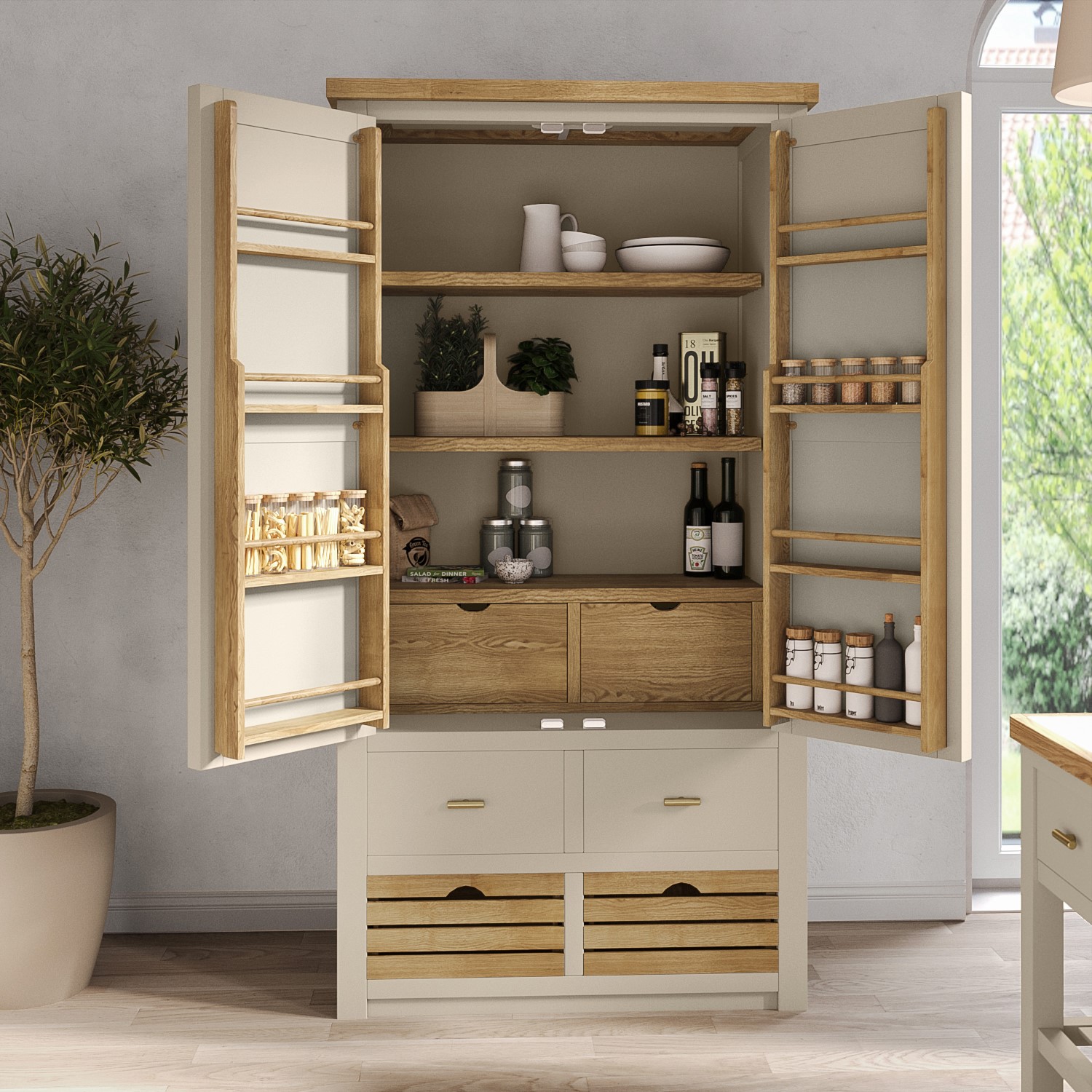123kiten ONLY OPENED - Beige Double Freestanding Kitchen Larder with Oak Crate ...