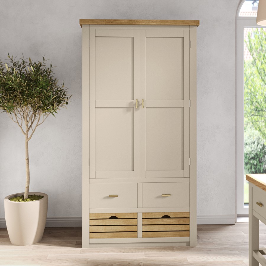 ONLY OPENED - Beige Double Freestanding Kitchen Larder with Oak Crate Drawers - Emilia