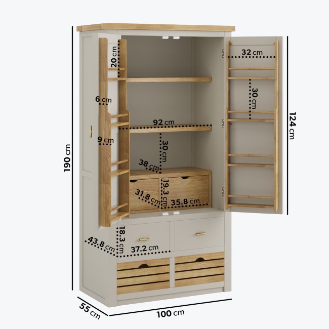 Beige Double Freestanding Kitchen Larder Pantry Cupboard with Oak Crate Drawers - Emilia